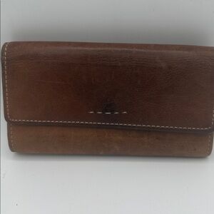 VTG Fossil brown genuine leather trifold  clutch wallet 7x4” beige stitching